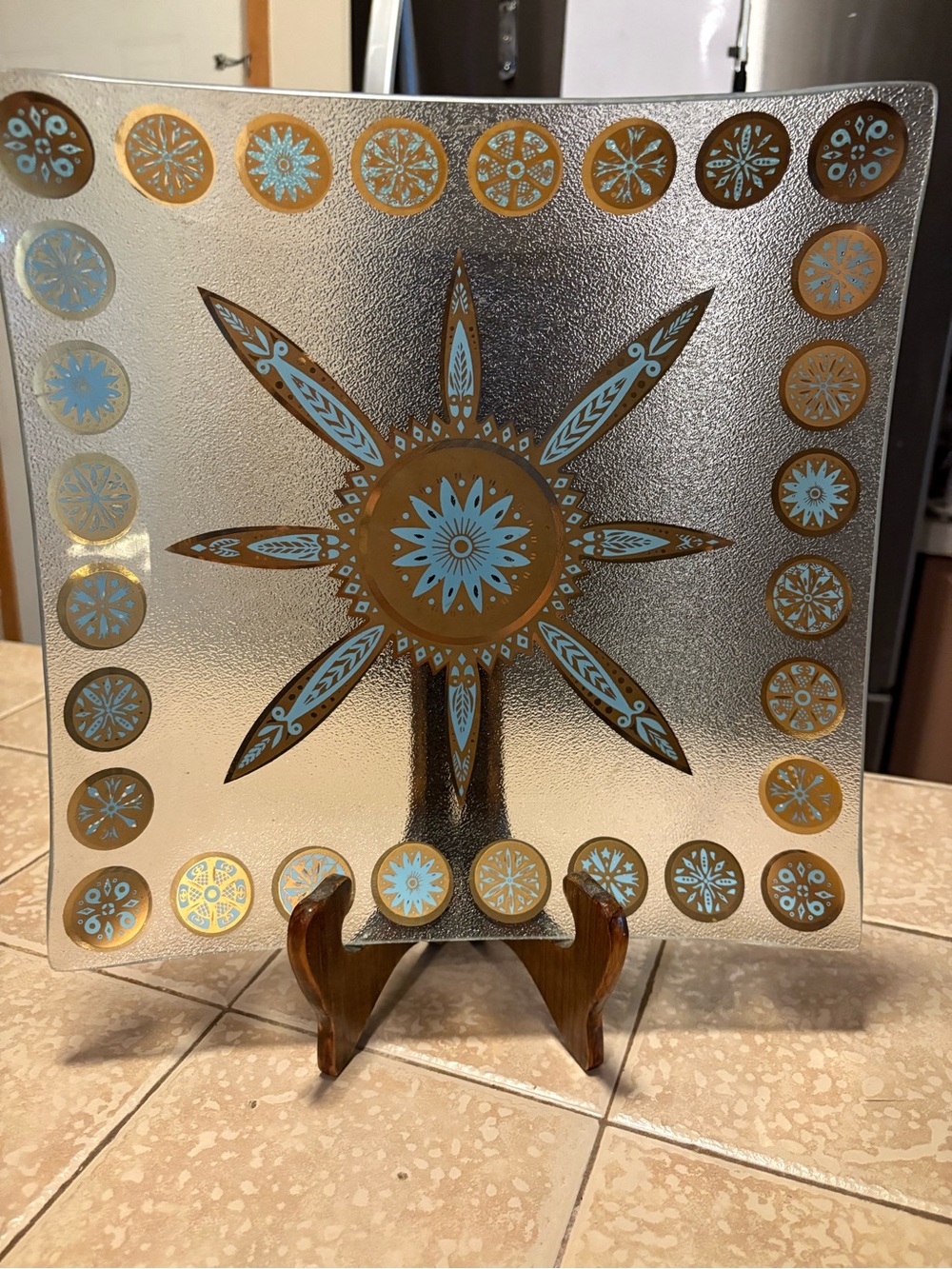 Decorative Starburst Glass Art Panel in Gold and Light Blue